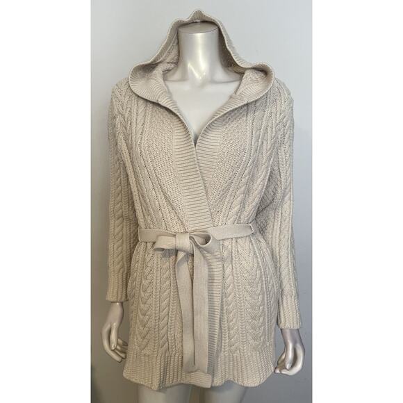 LL Bean Ivory Cotton Belted Cardigan Womens M LS Pockets Hood - Picture 1 of 9